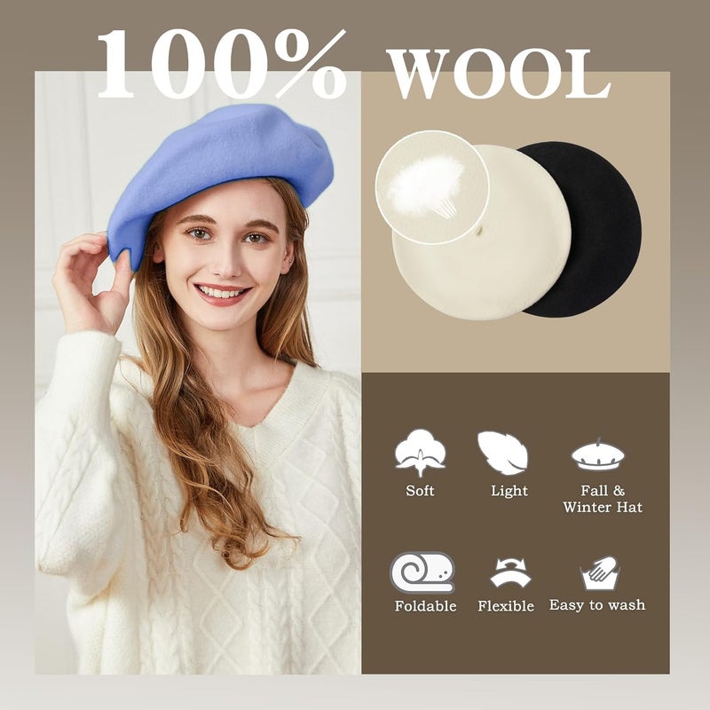 recapitula XXL 100% Wool French White Beret Hats for Women Man Painter hat Classic Painter's Hat Girl Solid Color Classic - Image 2
